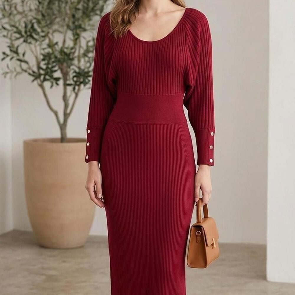 VTG Burgundy Cache Ribbed Knit Midi Dress medium Y2K chic 90's academia